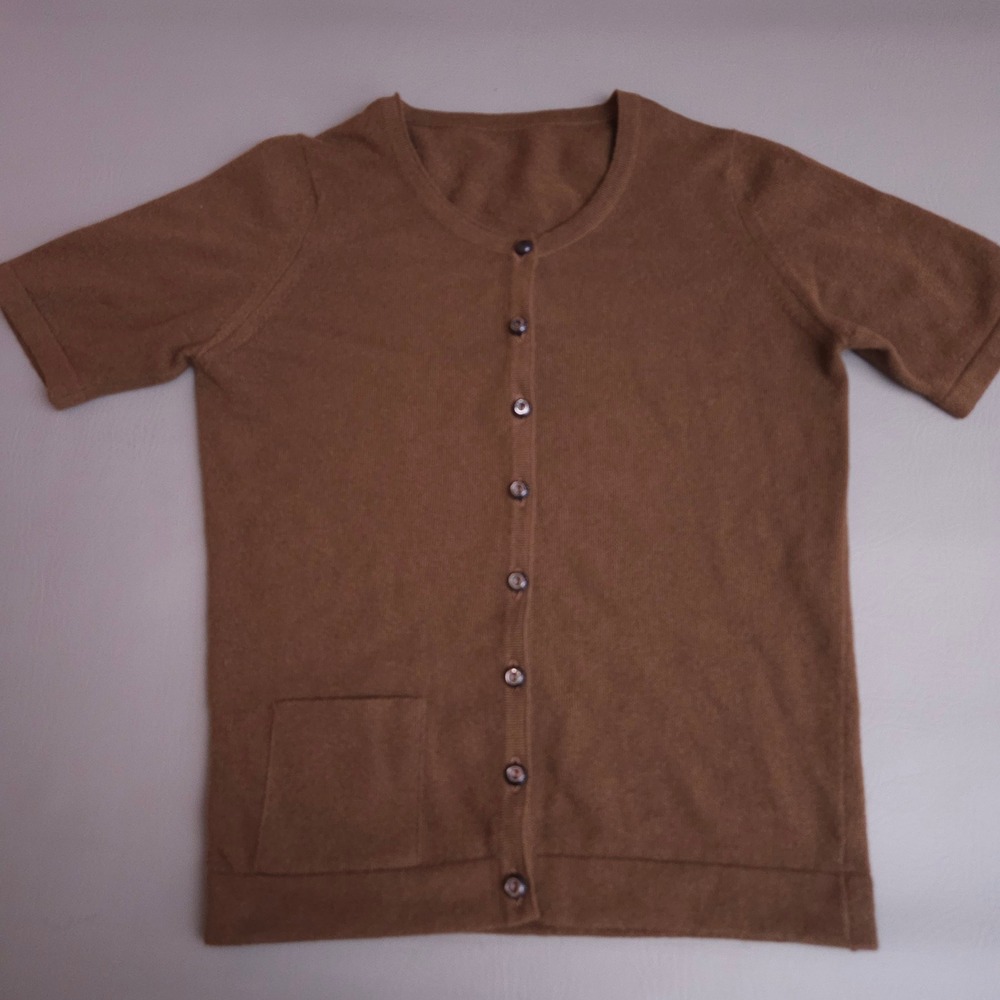 Vintage 100% Cashmere Short Sleeve Cardigan Brown Made in Scotland MOP Small